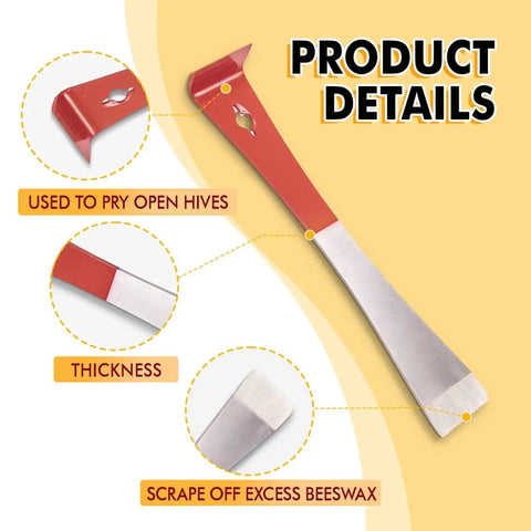 Beekeeping Hive Tools Set Pro Grade With Stainless Steel J Hook And L Hook Frame Lifter for hive maintenance, highlights tools.