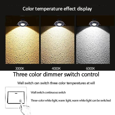 Color temperature display of Pack of 8 Hella Bright Round LED Can Lights 4.3 Inch Brass Wafer Downlights at 3000K, 4000K, and 6000K.