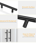 Close-up of matte black 30 pack 5 inch cabinet handles, stainless steel drawer pulls with 3 inch hole centers, showing smooth surface.