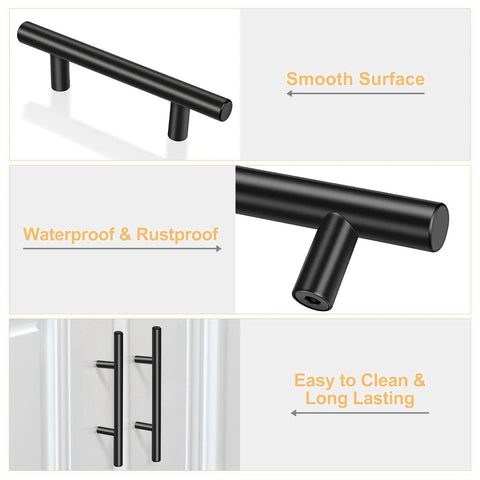 Close-up of matte black 30 pack 5 inch cabinet handles, stainless steel drawer pulls with 3 inch hole centers, showing smooth surface.