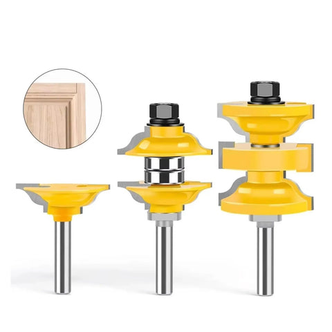 Pro 3-Piece T Slot Router Bit Set With Bearings For Precision Wood Milling Joinery And Rabbeting 8mm 12mm shank sizes displayed.