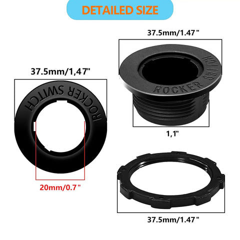 Detailed size view of Durable Round Rocker Switch Shell Kit 6 Pack Black ABS Injection Molded Housing For 20mm Diameter Round Switches.