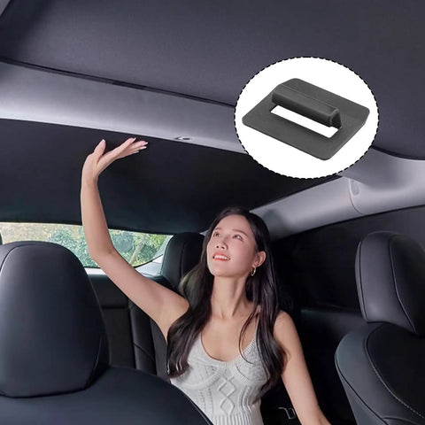 Woman installing Tesla Sunshade Clips Kit For Model 3, Model Y, Model S, Model X And Cybertruck 2025, showing easy installation.
