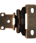 Front view of Oil Rubbed Bronze Self Closing Cabinet Hinges Partial Warp One Half Inch Inset Four Pack Embedded Steel Door Hinge Set