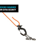 CamJam SlideLock Bungee Cord Tightener With Pull To Tighten Lock And Quick Release Lever securing an orange cord