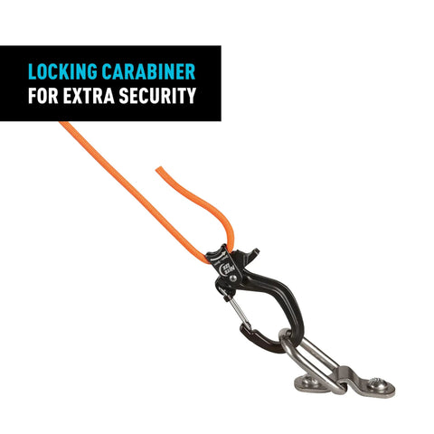CamJam SlideLock Bungee Cord Tightener With Pull To Tighten Lock And Quick Release Lever securing an orange cord