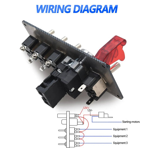12V Racing Car Ignition Switch Panel 5 In 1 With Engine Start Button wiring diagram and components in carbon fiber look