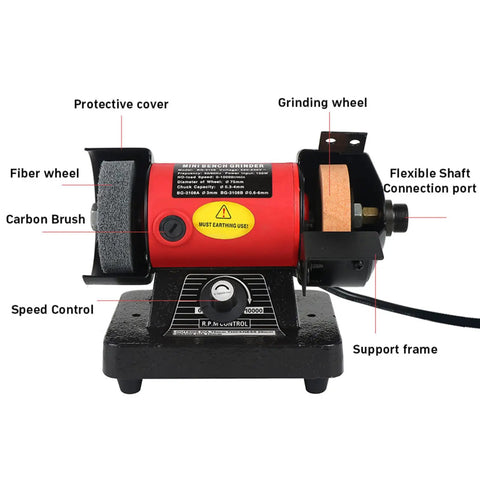 Badass Mini Bench Grinder With Variable Speed Up To 10000 RPM And Flexible Shaft Kit, features labels for parts like grinding wheel and speed control.