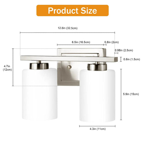 Two-Light Bathroom Vanity Fixture With Frosted Glass Shade, Sleek Brushed Nickel Wall Mount Vanity Light For Mirror dimensions.