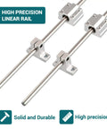 High precision view of Two 12mm x 500mm Linear Rails with Four SCS12UU Block Bearings and Four SK12 Support Bases in motion kit.