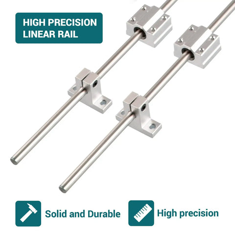 High precision view of Two 12mm x 500mm Linear Rails with Four SCS12UU Block Bearings and Four SK12 Support Bases in motion kit.