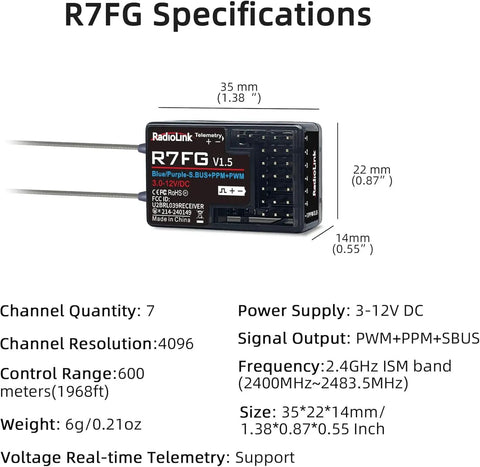 Diagram showing R7FG receiver specs: 7-channel, 2.4GHz, telemetry, 3-12V power, 35x22x14mm, for 7 Channel RC Gyro Receiver With Real Time Voltage Telemetry.