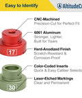 Bullet Comparator Kit With 14 Inserts For.17 To.45 Calibers, featuring red and green CNC-machined anodized aluminum inserts.