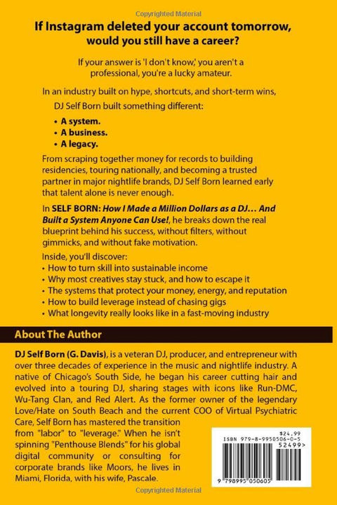 Back cover of the SELF BORN book; bright yellow cover with a barcode and About The Author section (Amazon edition).