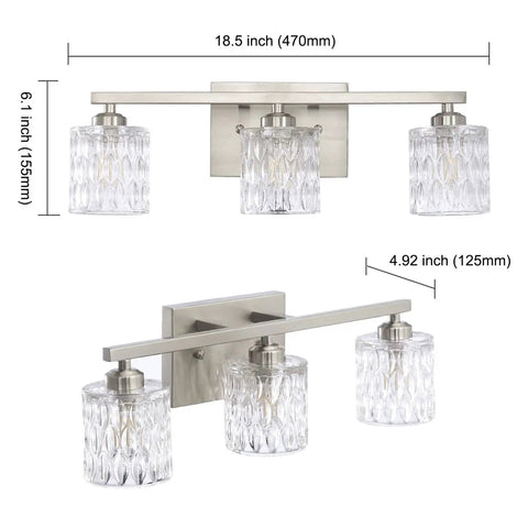 Sleek Modern Bathroom Light Fixtures With Three Crystal Glass Vanity Lights Over Mirror In Brushed Nickel Finish G9 Bulb Not Included Ideal For Master Ensuite Powder Room Easy To Install Durable Design, front and side view