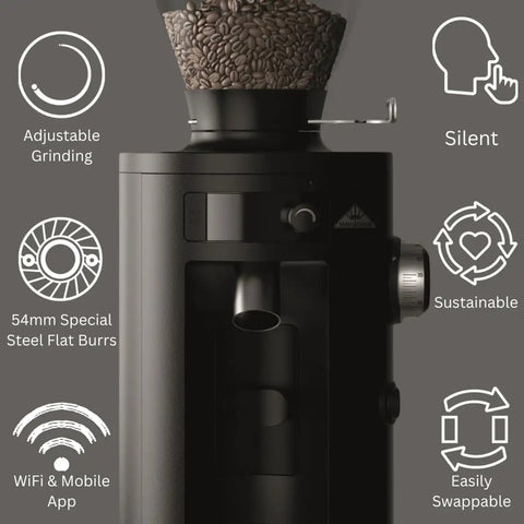 Barista Level Electric Coffee Grinder With Stepless Control And 54Mm Steel Flat Burrs Delivers Hella Consistent Grounds for Quick Home Brewing features adjustable grinding and WiFi app.