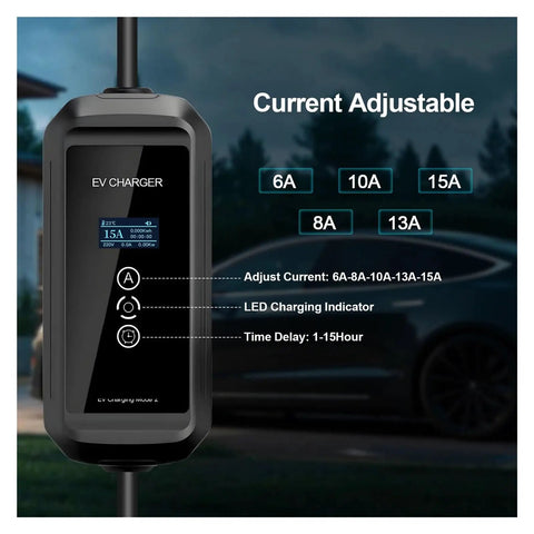 Portable Ev Charger With Type 1 And Type 2 Plugs Adjustable Current Settings showing adjustable current settings and LED indicator.