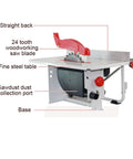 Professional Grade 8 Inch Mini Table Saw Featuring Rigid Work Platform Quick Release Fence And Integrated Push Block For Smooth No Sweat Woodworking Projects showing 24 tooth blade and dust collection port.
