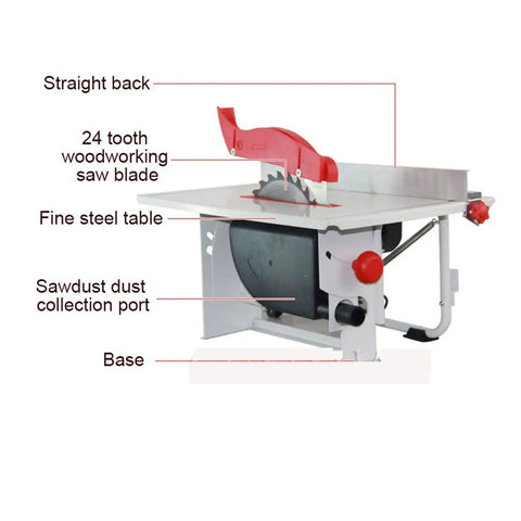 Professional Grade 8 Inch Mini Table Saw Featuring Rigid Work Platform Quick Release Fence And Integrated Push Block For Smooth No Sweat Woodworking Projects showing 24 tooth blade and dust collection port.