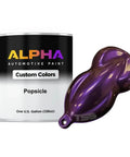 Premium Grade Automotive Basecoat Paint In A Solid One Gallon Jug With Medium Reducer Pre Blended For A Fire Mid Red Car Shade That Sprays Like Butter And Cures Quick With Zero Hassle next to a purple automotive paint sample.