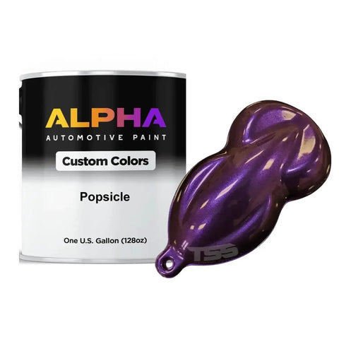 Premium Grade Automotive Basecoat Paint In A Solid One Gallon Jug With Medium Reducer Pre Blended For A Fire Mid Red Car Shade That Sprays Like Butter And Cures Quick With Zero Hassle, visible with a sample of popsicle purple color swatch.