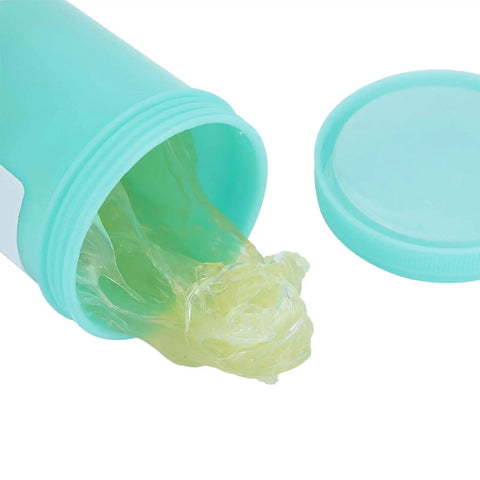 RMA-223-UV Solder Flux Paste For CSP BGA PCBs, 100g jar with open lid and visible yellow rosin flux