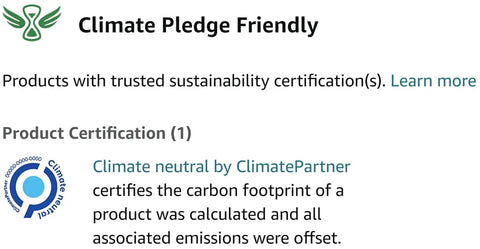 Climate Pledge Friendly badge with ClimatePartner logo and certification text on neutral carbon footprint and emissions offset.