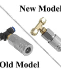 Comparison of new and old models of quarter inch fittings for air blower gun kit, showcasing updated design.