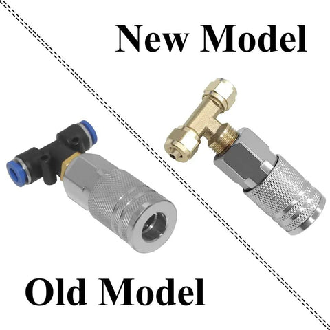 Comparison of new and old models of quarter inch fittings for air blower gun kit, showcasing updated design.