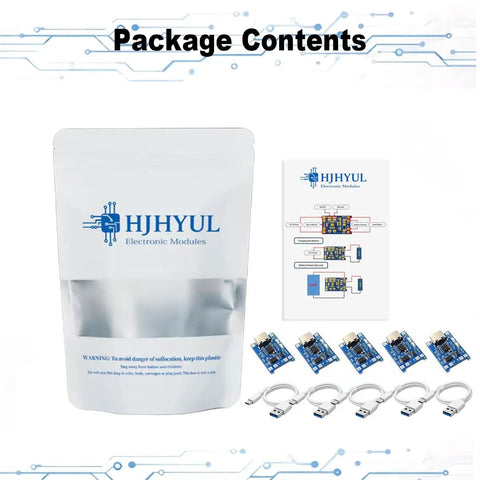 Package contents for Plug And Go Tp4056 Lithium Battery Charger Board With Type C Usb 5V 1A Input and Thermal Cutoff Protection.