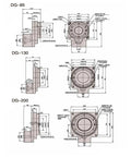 Technical drawing of Heavy Duty Planetary Gear Reducer Rotary Actuator DG130 Hollow Rotary Platform with dimensions.