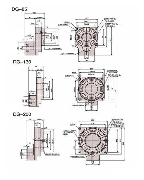 Technical drawing of Heavy Duty Planetary Gear Reducer Rotary Actuator DG130 Hollow Rotary Platform with dimensions.