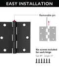 Ten-Pack 3.5-Inch Interior Door Hinges With Square Corners Matte Black Heavy Duty Steel Construction with screws and removable pin diagram