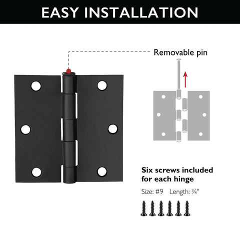 Ten-Pack 3.5-Inch Interior Door Hinges With Square Corners Matte Black Heavy Duty Steel Construction with screws and removable pin diagram