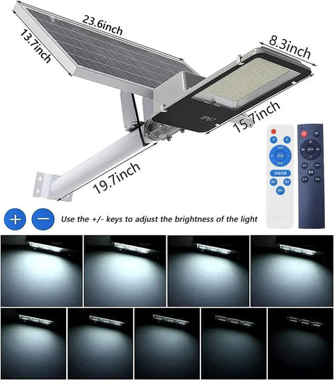 Solar Street Light Outdoor IP65 Security Flood Light with Remote Control, Dusk to Dawn Parking Lot and Yard Lighting, 20000 Lumens LED Flood Light, 528 Beads, 400W Equivalent, Motion Sensor featuring dimensions and brightness levels.