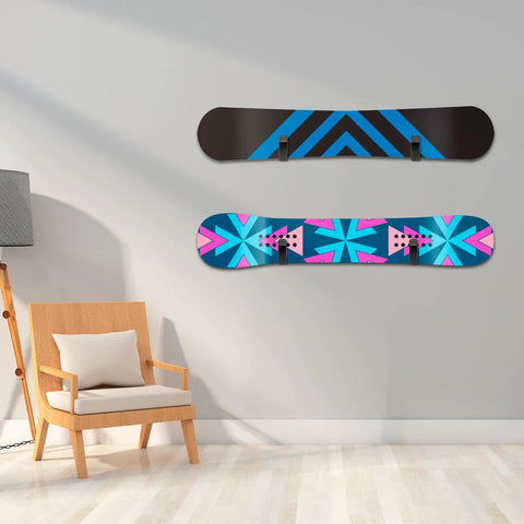 Four Pack Horizontal Snowboard Wall Mount Hanger Rack With Rust Proof Bombproof Brackets Heavy Duty Secure Storage Display Stand For Your Sick Winter Gear featuring two mounted snowboards on a wall.