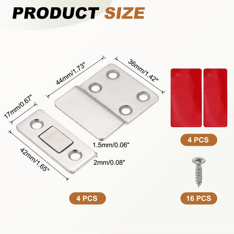 4 Pack Ultra Thin Z Shape Stainless Steel Cabinet Door Magnets With Magnetic Catch And Easy Install Adhesive Double Sided Tape