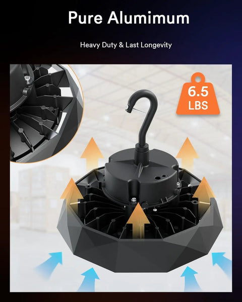 Smart Bluetooth UFO LED High Bay Light With Motion Sensor 100W 16,000 Lumens 5000K Dimmable Shop Garage Lighting, Aluminum Finish