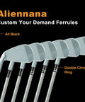 Premium.370 Inch Iron Ferrules For Taper Tip Golf Shafts, 12 Pack with black and double chrome ring, displayed on golf clubs