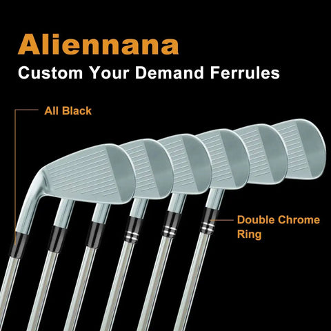 Premium.370 Inch Iron Ferrules For Taper Tip Golf Shafts, 12 Pack with black and double chrome ring, displayed on golf clubs