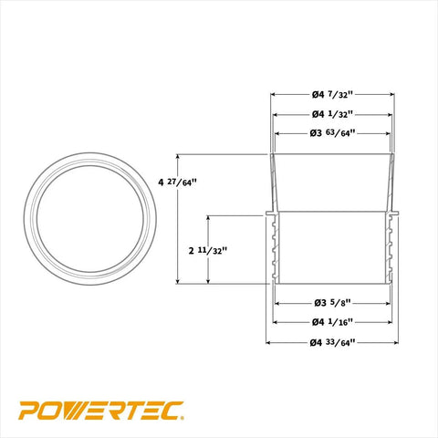 Technical diagram of a Left Hand Thread Quick Connect Coupler for 4 Inch Dust Collection Hose, showing dimensions and design.