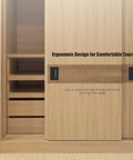 Wooden sliding door with 2 Pack Black Zinc Alloy Recessed Door Pull Handles For Drawers Cabinets Doors And Toolboxes, flush design installed.