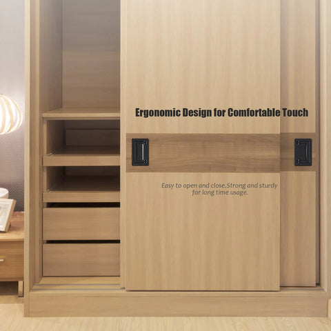 Wooden sliding door with 2 Pack Black Zinc Alloy Recessed Door Pull Handles For Drawers Cabinets Doors And Toolboxes, flush design installed.