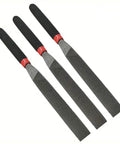 Three-pack guitar fret end deburring file set for luthier repairs, safe edge design, handles with red accents.
