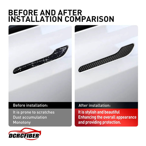 Comparison showing before and after installation of Premium Carbon Fiber Exterior Door Handle Protector for Tesla Model 3 and Model Y.