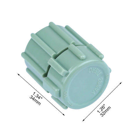 Close-up of a green water flow mushroom bubbler head with dimensions. 10 Pack Adjustable Water Flow Mushroom Bubbler Heads For 360 Degree Coverage Drip Irrigation Emitters Ideal For Garden Lawn Flower Beds Greenhouse Fits Half Inch Tubing Shrub Head Watering System.