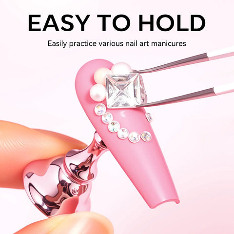 Close-up of Nail Art Display Stand For Practice And DIY Nails, Magnetic Pro Grade Nail Holder With Double Sided Tape showing rhinestones being applied
