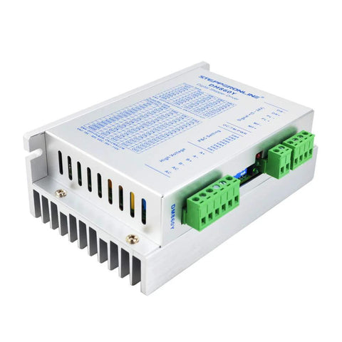 Side view of StepperOnline digital CNC driver in aluminum enclosure with green terminal blocks