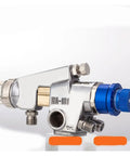 Pro Grade Stainless Steel Pressure Feed Sand Blaster And Paint Spray Gun With Precision Fine Tuning Control, close-up view of control knobs and nozzle.