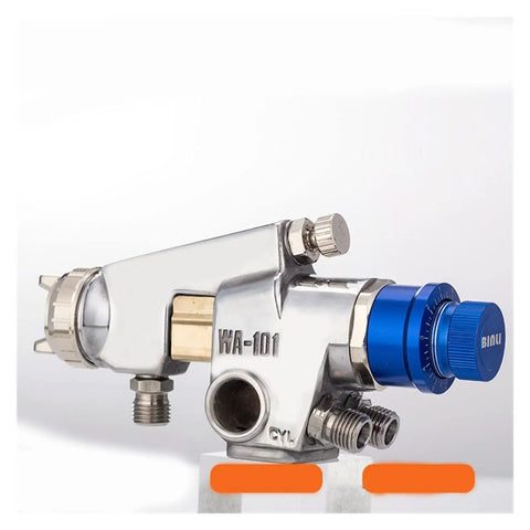 Pro Grade Stainless Steel Pressure Feed Sand Blaster And Paint Spray Gun With Precision Fine Tuning Control, close-up view of control knobs and nozzle.